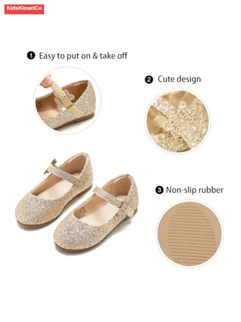 Toddler Girls Mary Janes Ballerina Flats - Glitter Hook & Loop Dress Shoes